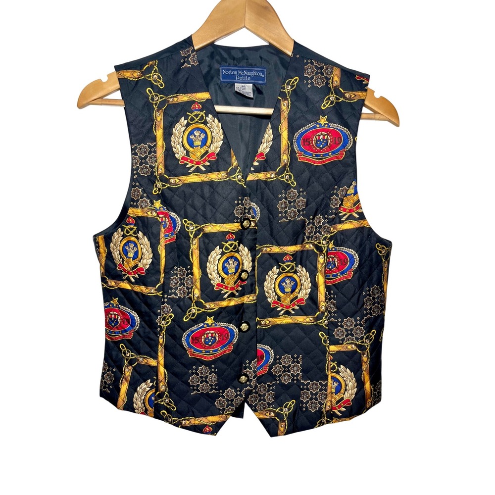 Norton McNaughton Vest Women 6P Black Gold Silk Quilted Crest Print Button Front